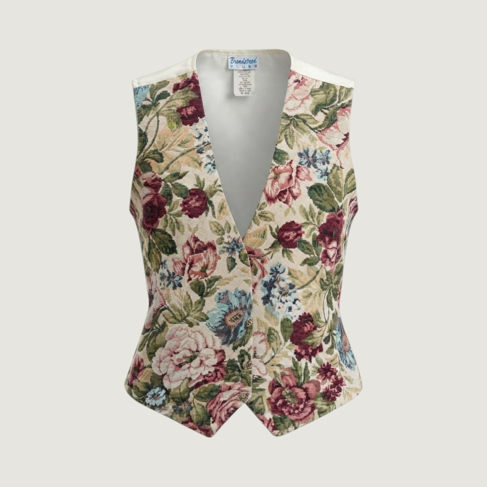 Vintage Backroad Blues Floral Tapestry Vest Women Medium Made in USA Cottagecore